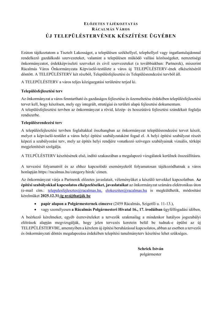Tájékoztató az új településtervről